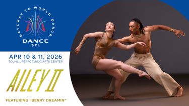 Blue and white design while two dancers in beige pose for Ailey II
